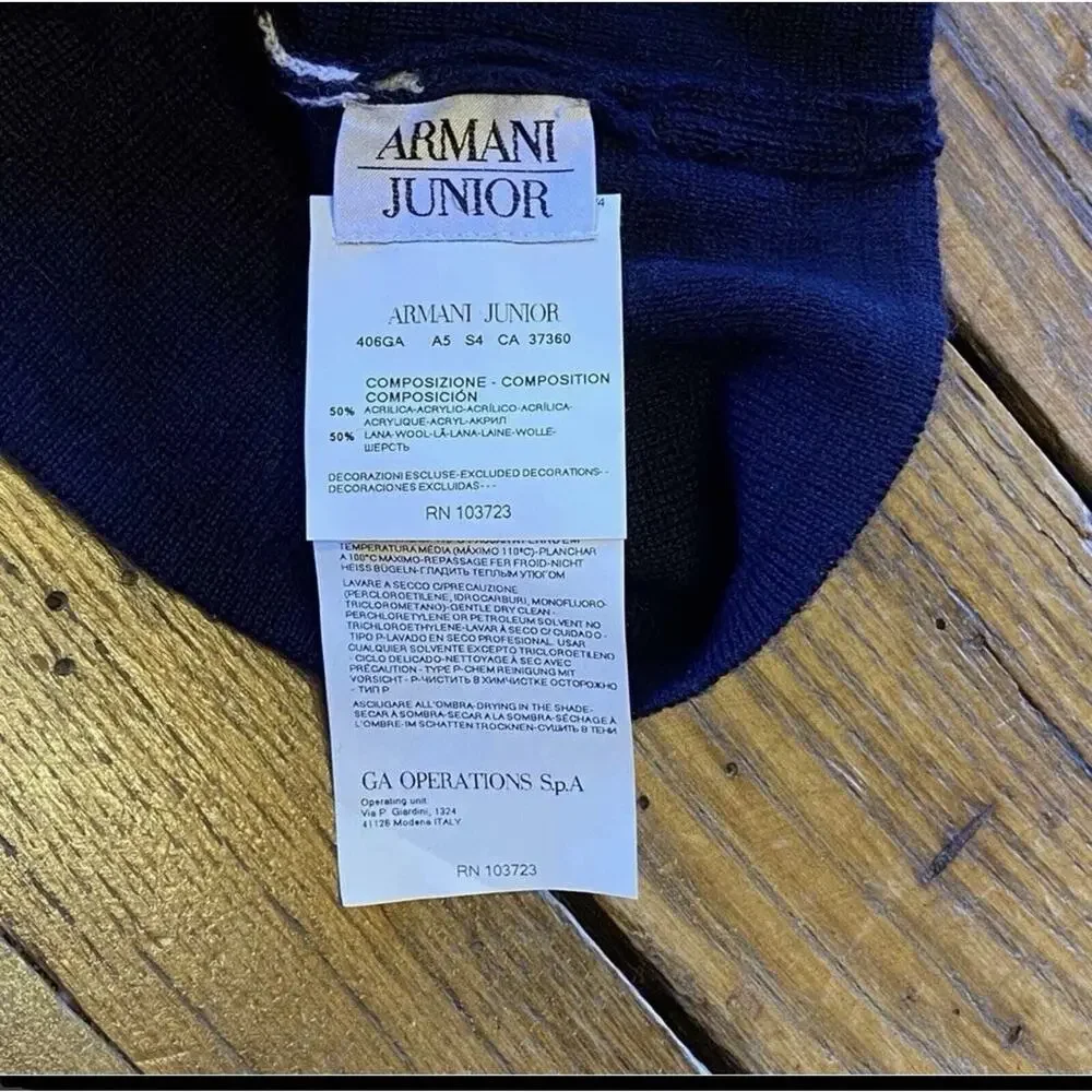 Armani Junior Baby Boys Wool Blend Beanie Hat Blue Italy Medallion Logo
